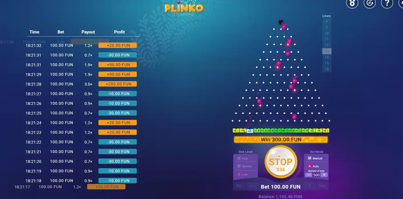 Plinko online gameplay with peg board and multiplier slots